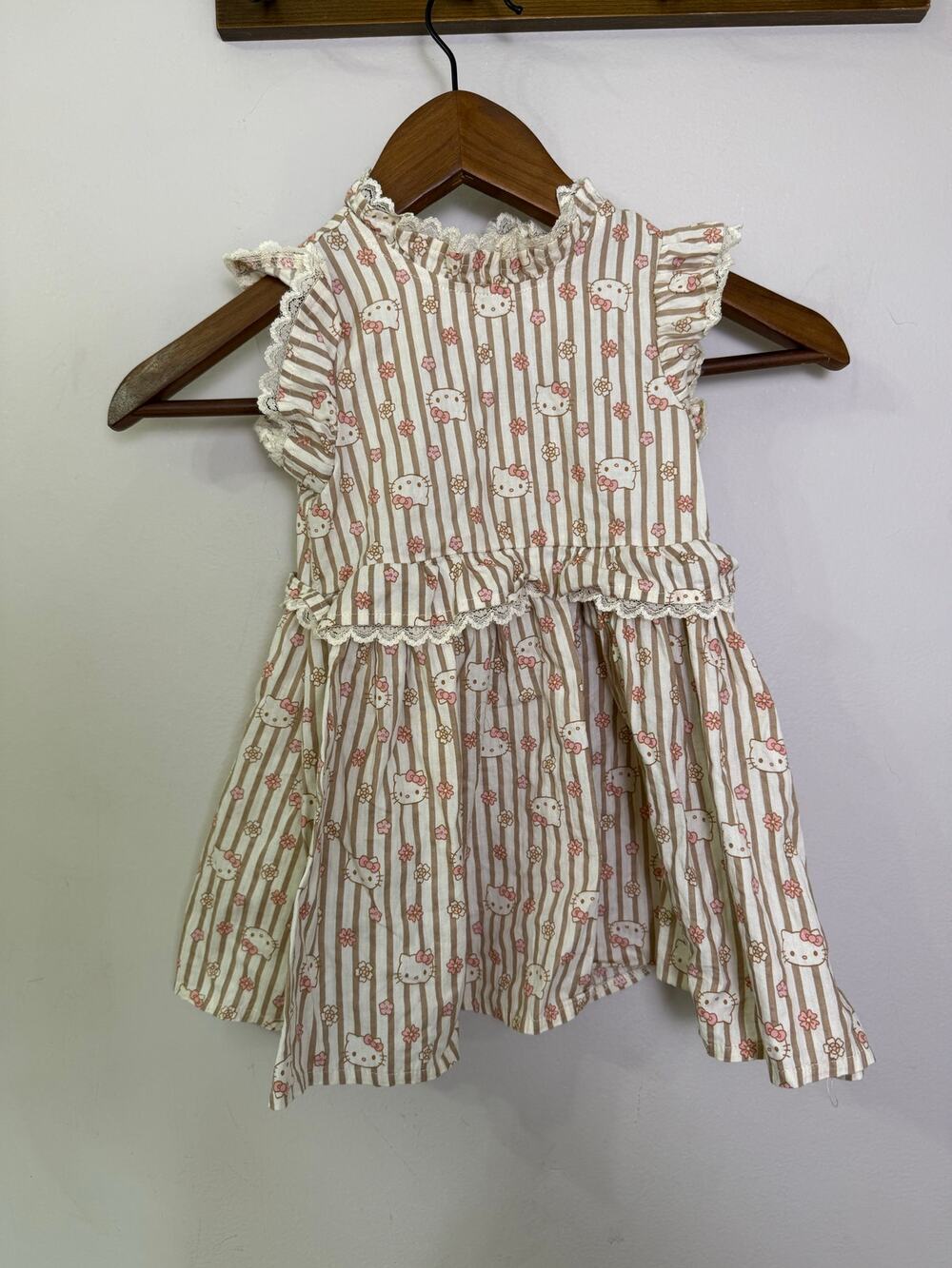 Hello Kitty x Sanrio Girls Dress 3T | Beige Stripe Floral Ruffle Cottagecore